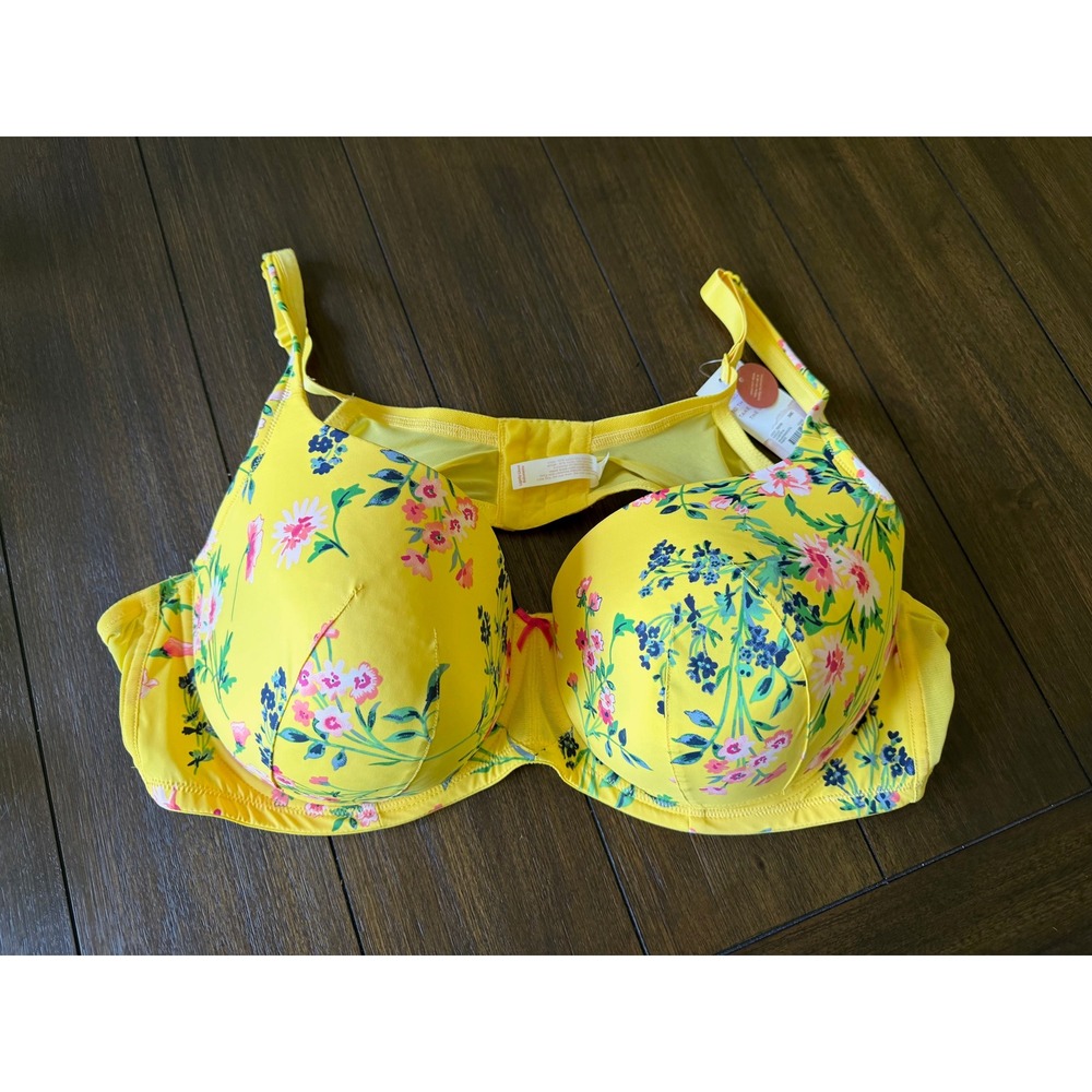 Cacique Cool Bliss Balconette Bra Yellow Floral Lightly Lined Underwire 50C NEW
